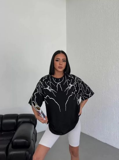 Unisex Bisiklet Yaka Baskılı Oversize T-Shirt - Siyah resmi